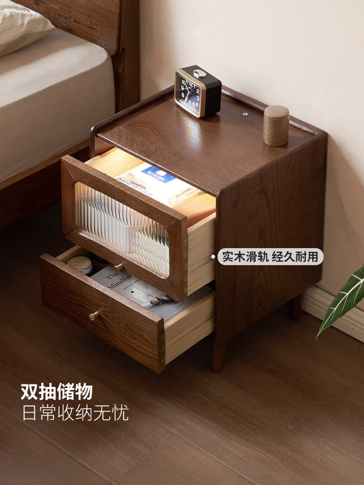 实木床头柜现代简约橡木储物柜卧室床边柜带灯收纳柜