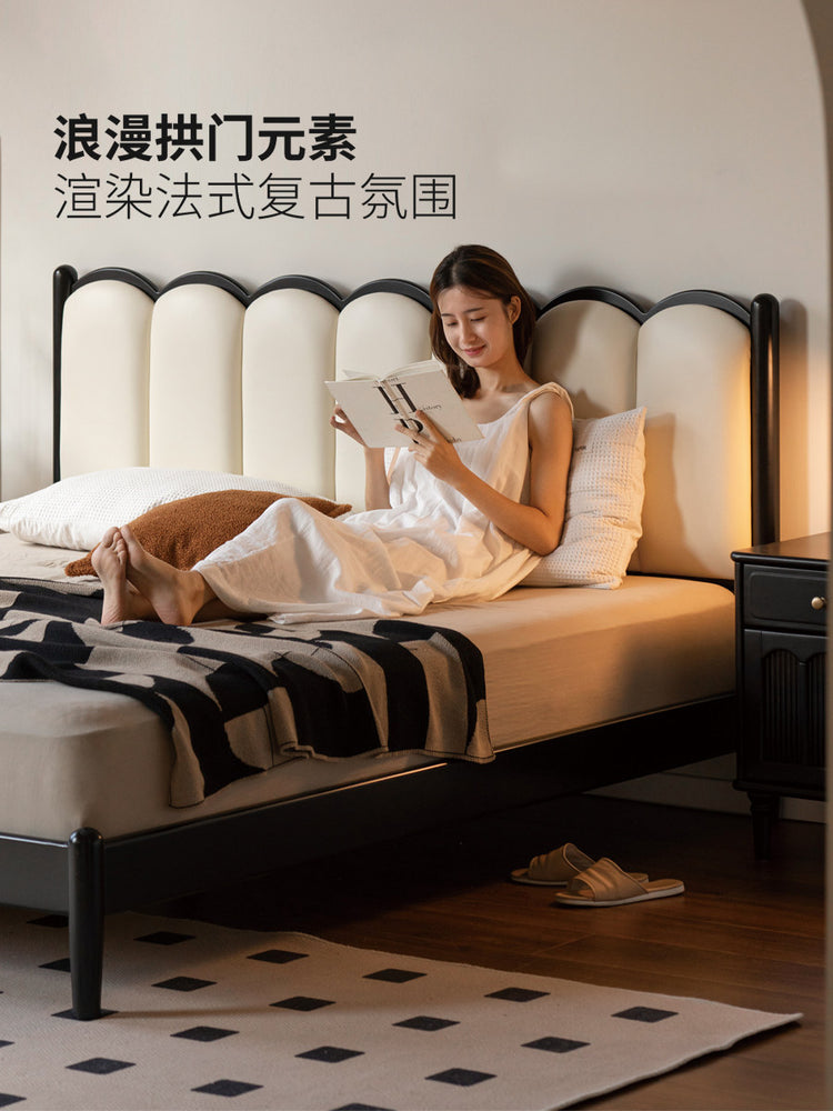 实木床复古风双人床卧室法式软靠床简约黑色竖琴床
