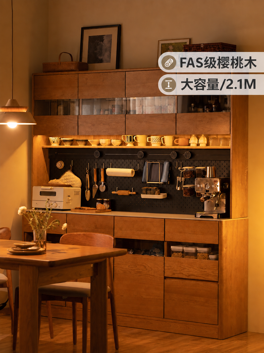 实木餐边柜大容量樱桃木茶水柜高柜黑标靠墙收纳柜碗柜