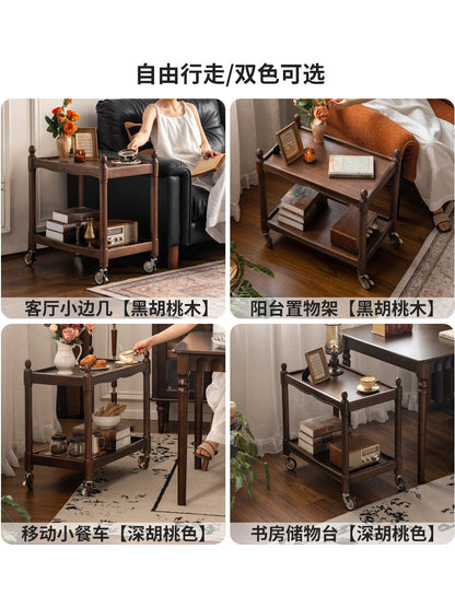 实木边几客厅美式复古移动角几黑胡木双层置物小推车