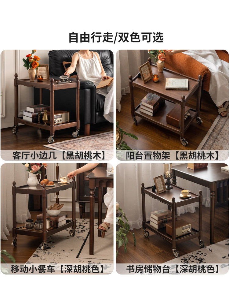 实木边几客厅美式复古移动角几黑胡木双层置物小推车