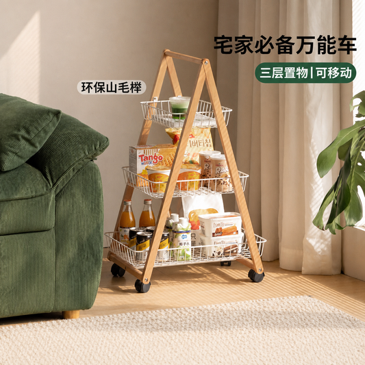 实木置物架客厅现代简约多层收纳零食架多功能移动小推车