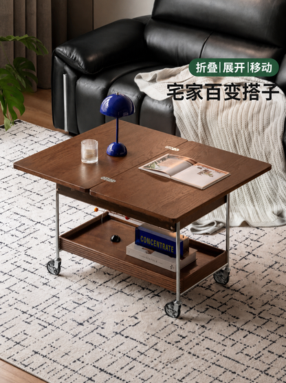 实木折叠茶几客厅现代简约边几橡木胡桃色移动推车