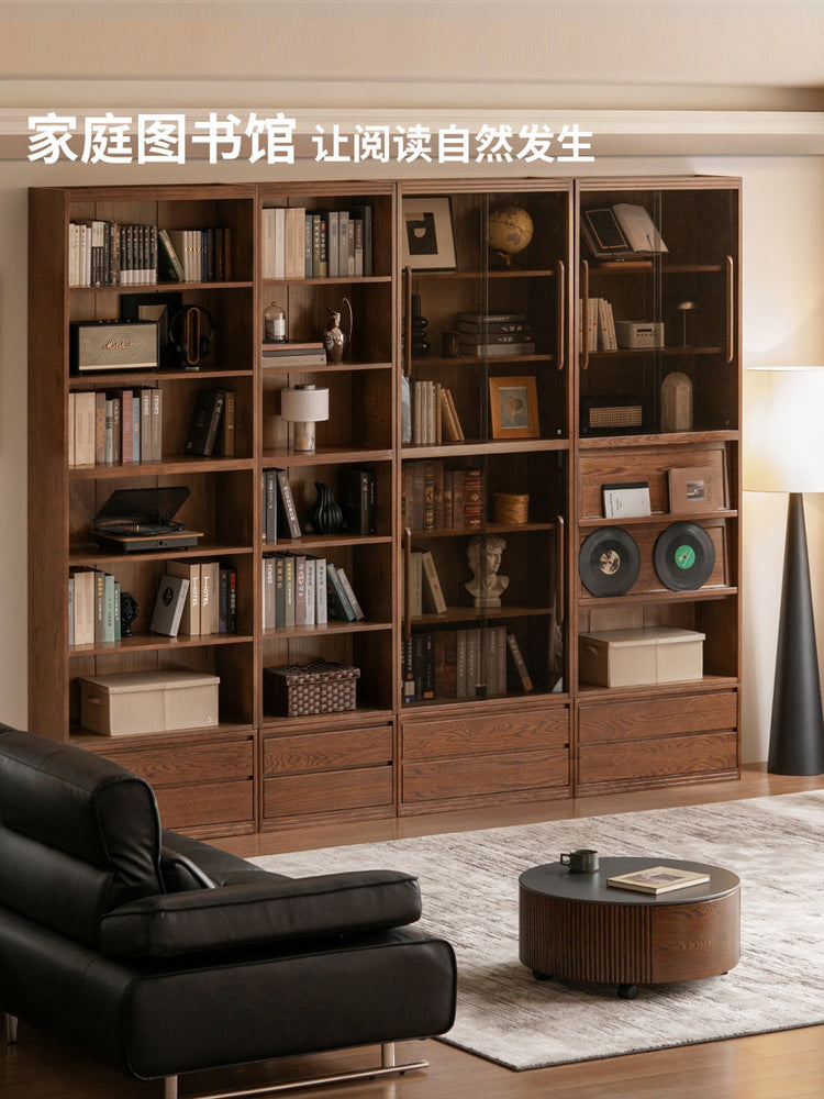实木书柜一体整墙书房橡木卡座储物柜胡桃色落地书架