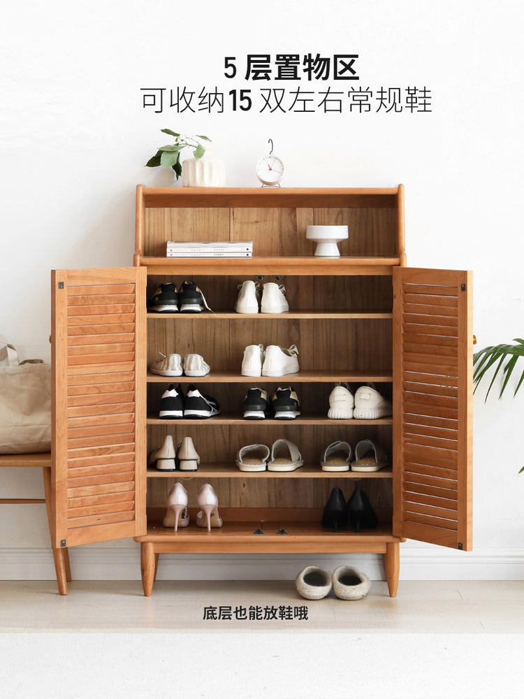实木鞋柜门口樱桃木玄关柜百叶门客厅入户收纳储物柜