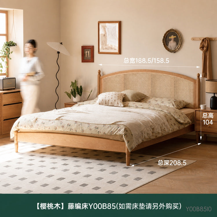 实木床樱桃木复古藤编床简约双人床卧室藤艺家具大床