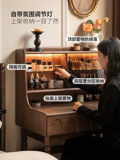 实木化妆桌法式复古多功能梳妆台卧室黑胡桃木化妆台