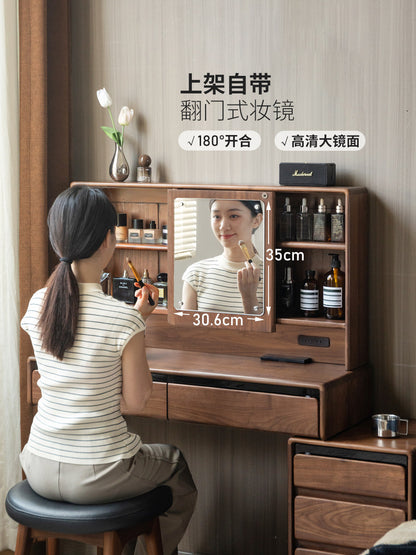实木床意式轻奢黑胡桃木梳妆台卧室伸缩多功能化妆台
