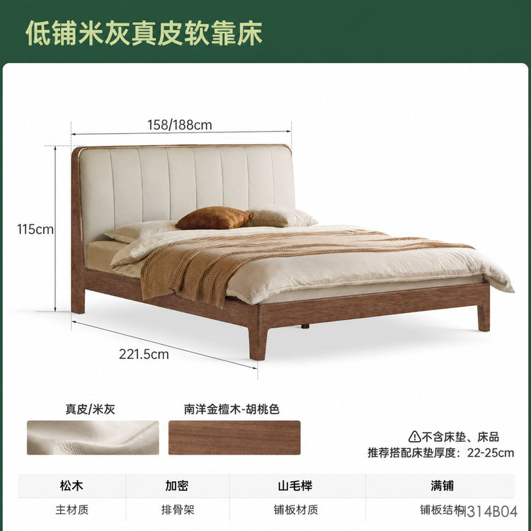 实木床真皮软包床简约黑胡桃木双人床卧室带插座1.8大床