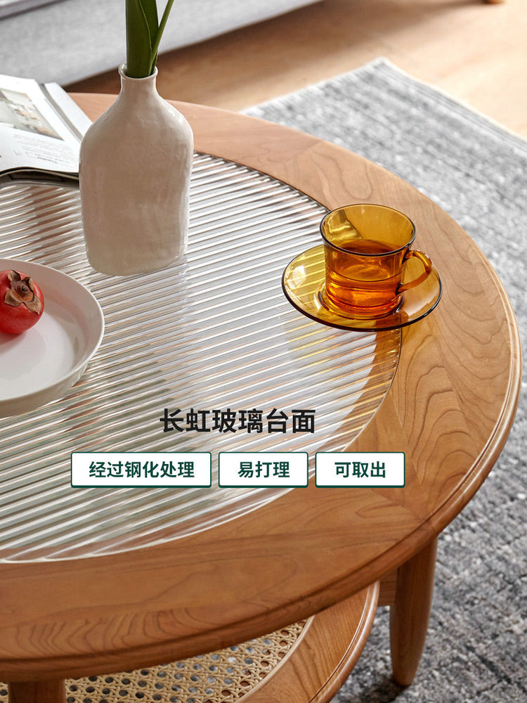 实木茶几小户型原木玻璃圆桌中古樱桃木藤编茶桌小茶台
