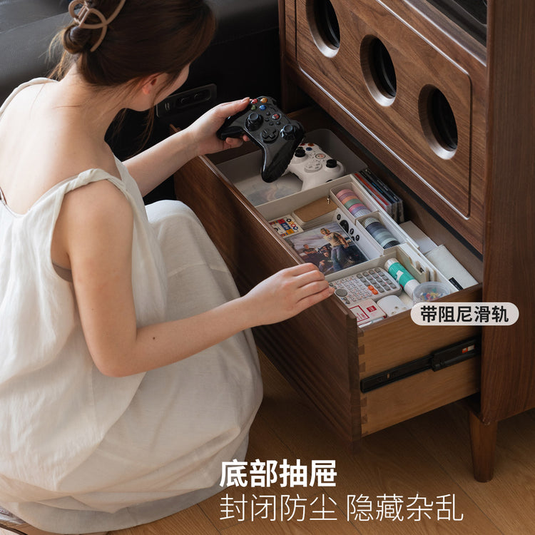 实木边柜客厅中古收纳储物柜复古展示柜黑胡桃木靠墙立柜