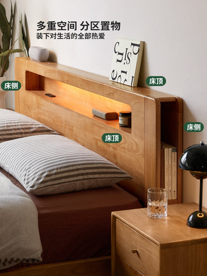 实木床现代简约大板床卧室可充电双人床多功能夜读床