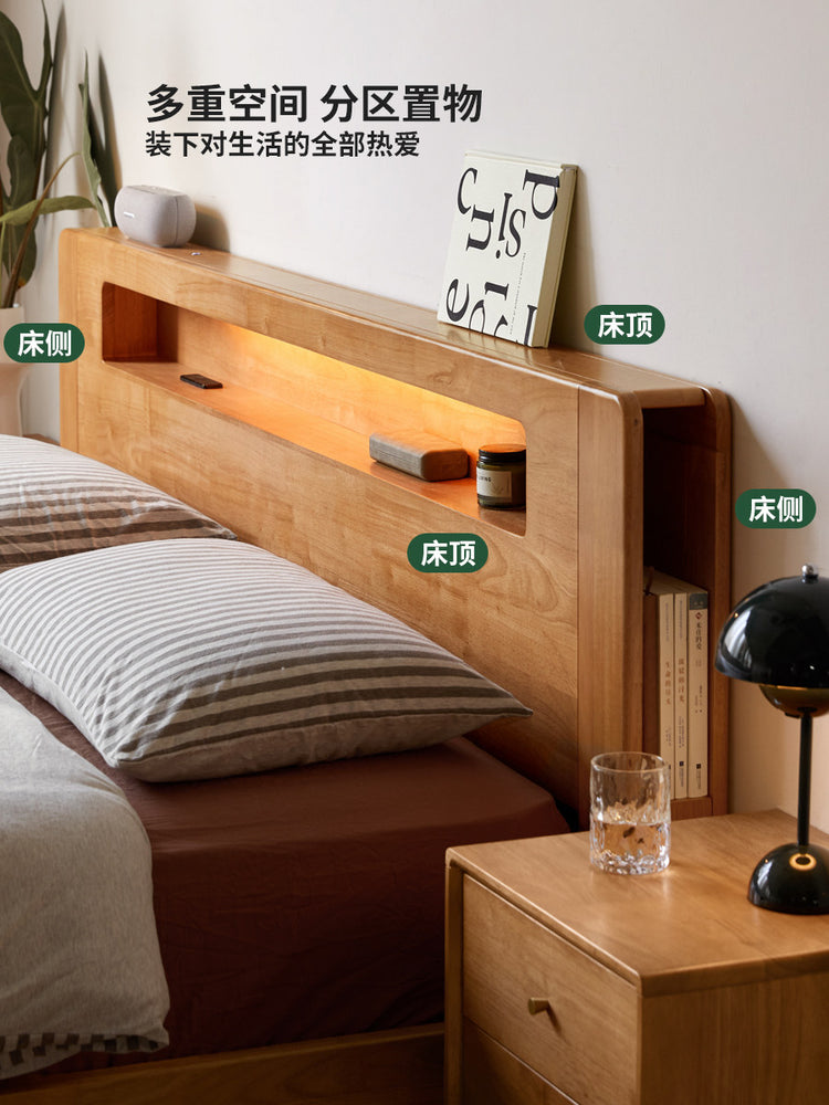实木床现代简约大板床卧室可充电双人床多功能夜读床