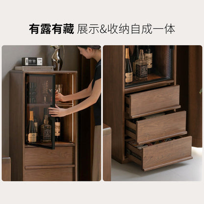 实木边柜黑胡桃木带灯展示柜落地储物柜客厅小户型立柜