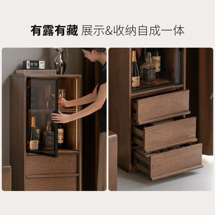 实木边柜黑胡桃木带灯展示柜落地储物柜客厅小户型立柜