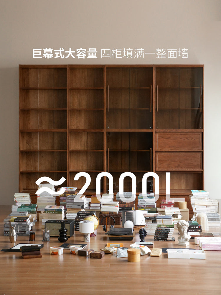 实木书柜一体整墙书房橡木卡座储物柜胡桃色落地书架
