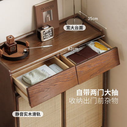 实木鞋柜入户玄关柜客厅橡木藤编收纳柜胡桃色储物柜