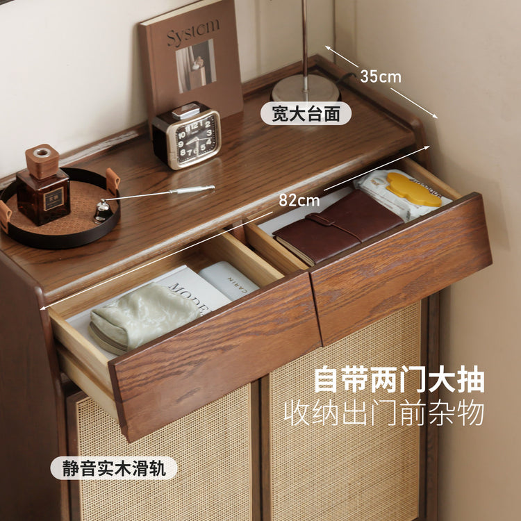 实木鞋柜入户玄关柜客厅橡木藤编收纳柜胡桃色储物柜