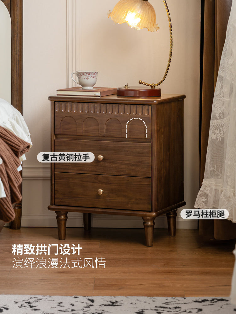 实木床头柜法式复古储物柜卧室黑胡桃木收纳柜置物柜