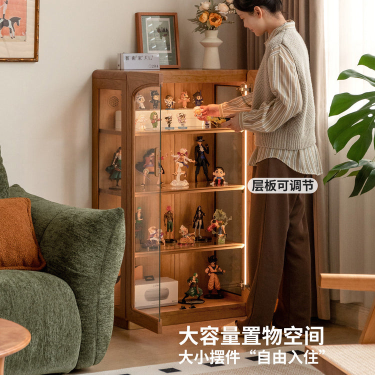 实木边柜客厅樱桃木落地柜复古靠墙置物柜带灯展示柜