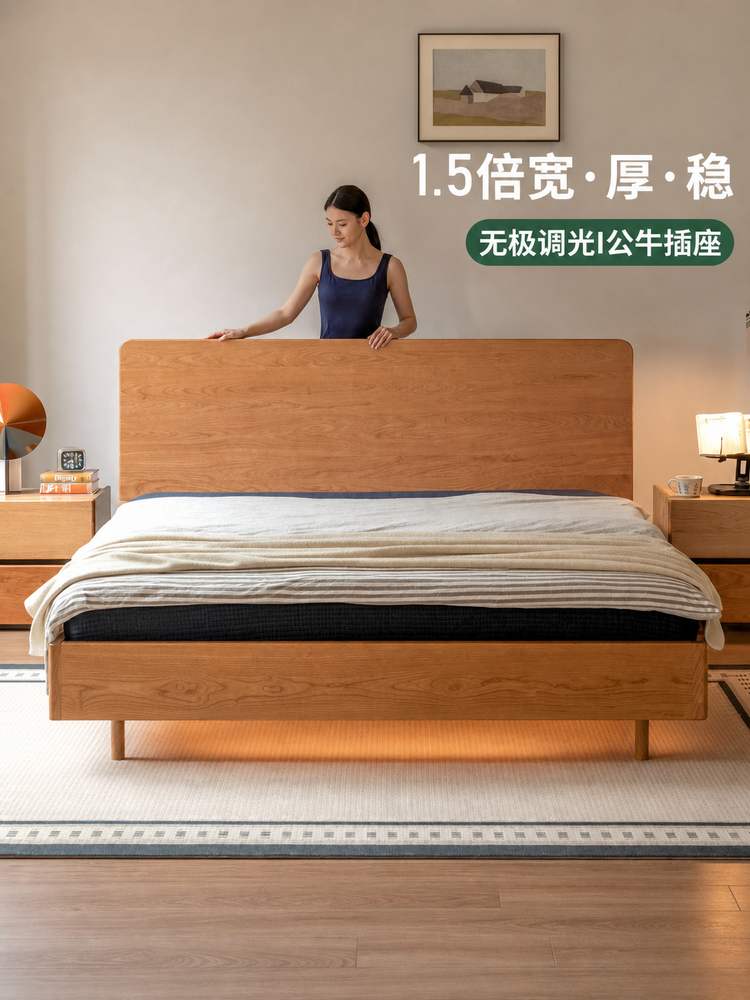 实木床现代简约樱桃木大板床多功能夜光床卧室双人床