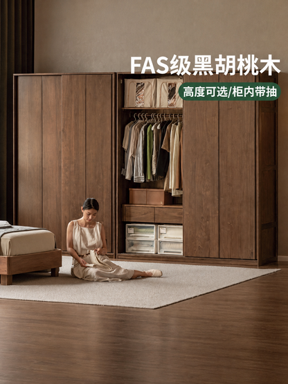 实木推拉门衣柜卧室黑胡桃木移门柜子北欧收纳储物柜