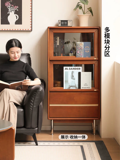 实木边柜客厅电视柜窄柜中古风收纳展示柜一体翻门柜