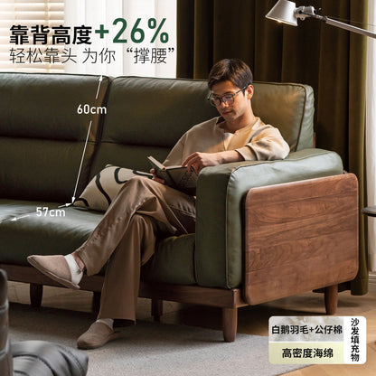 实木客厅意式轻奢真皮沙发黑胡桃木高靠背直排沙发