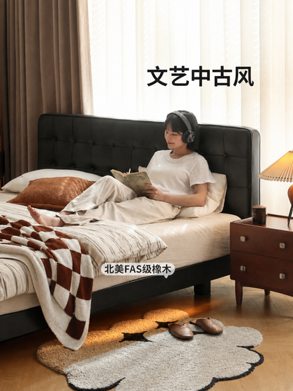 实木美式真皮床现代简约双人床卧室黑色悬浮床带灯软包床