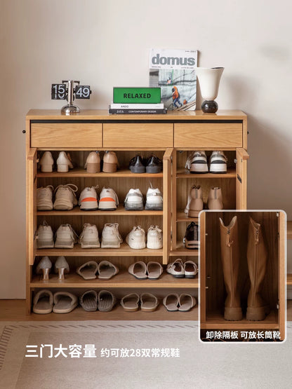 Solid Wood Shoe Cabinet with Drawers and Adjustable Shelves
