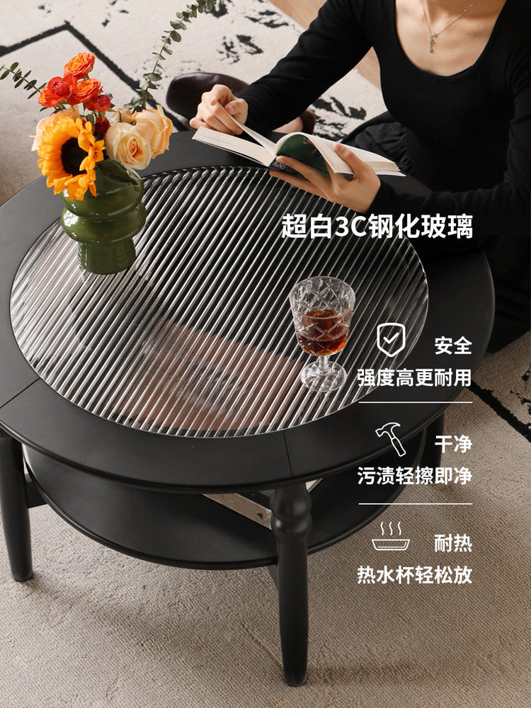 实木茶几法式复古玻璃茶台客厅小户型圆几黑色双层茶桌