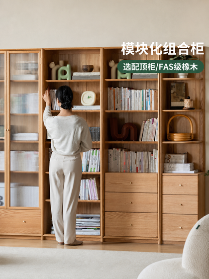 实木组合书柜北欧现代收纳架橡木背景墙书橱书房落地柜子