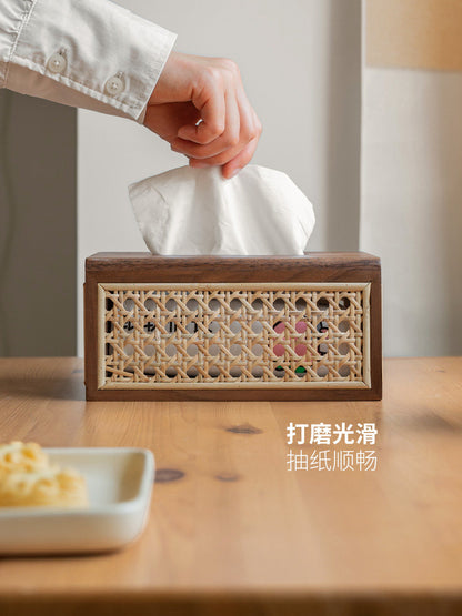 实木藤编纸巾盒新中式高颜值客厅餐厅复古黑胡桃木抽纸盒