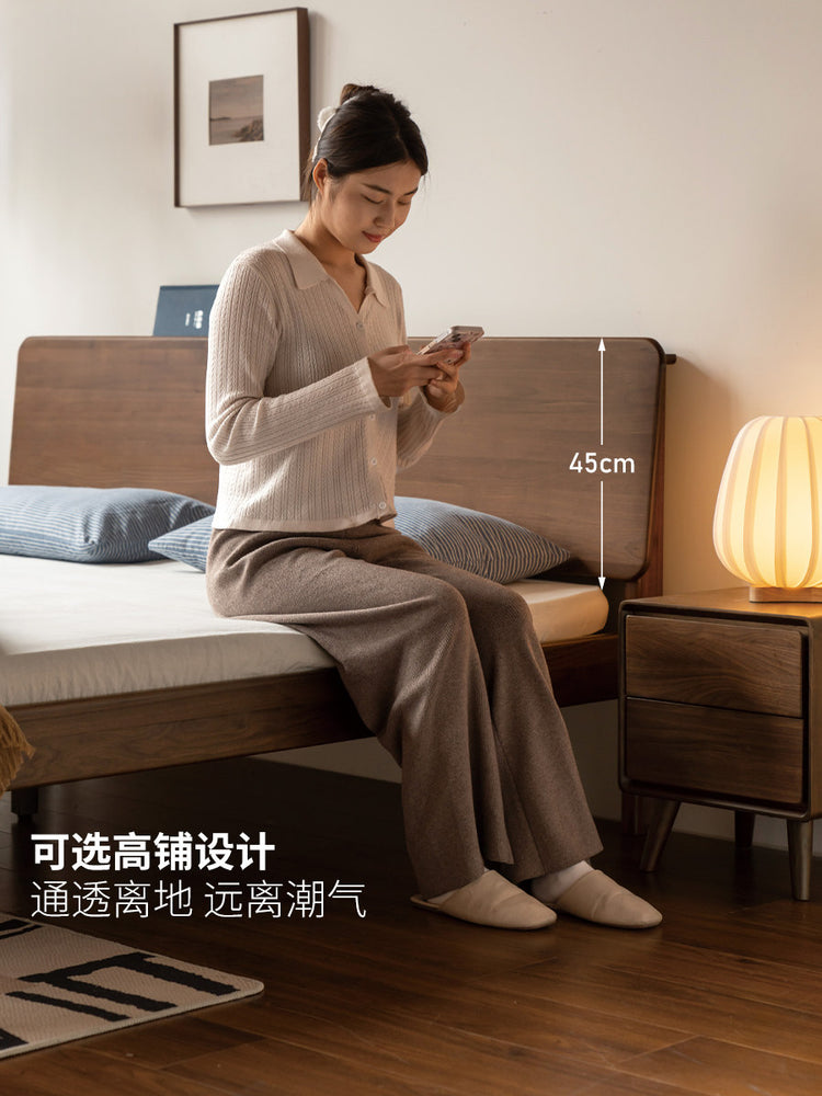 实木床现代简约黑胡桃木大气双人床木蜡油卧室家具置物床