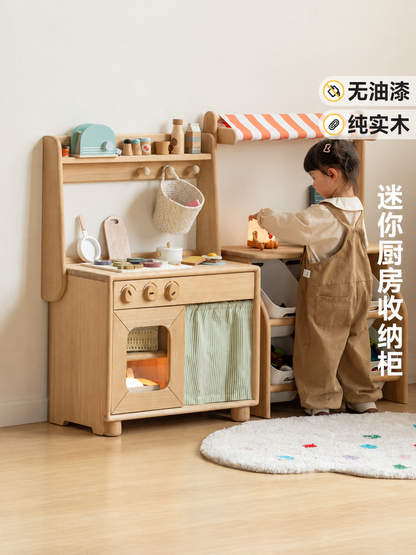 实木儿童蒙氏厨房收纳柜现代简约过家家玩具柜宝宝厨具架