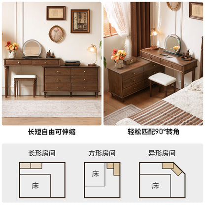 实木化妆桌美式复古伸缩化妆台卧室黑胡桃木梳妆台