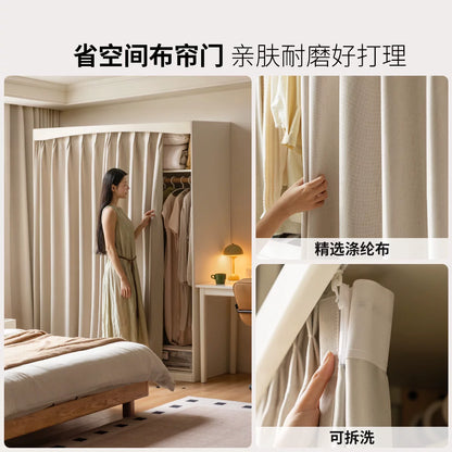 实木衣柜现代简约卧室白色衣橱布帘挂衣储物柜