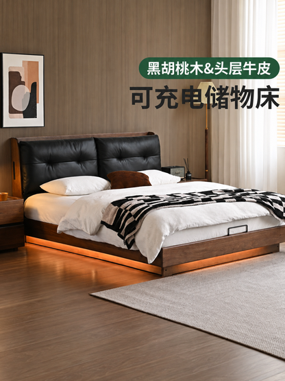 实木床卧室轻奢真皮床黑胡桃木多功能悬浮床箱体床