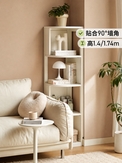 实木转角书架置物架落地白色收纳架奶油风墙角多层书柜