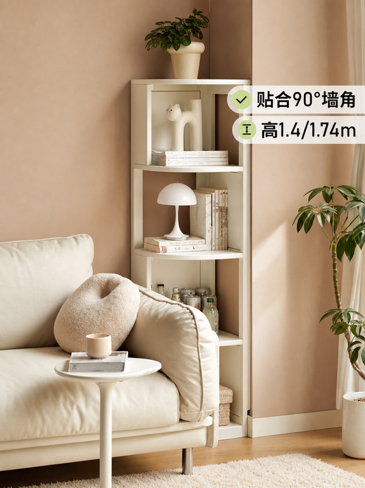 实木转角书架置物架落地白色收纳架奶油风墙角多层书柜