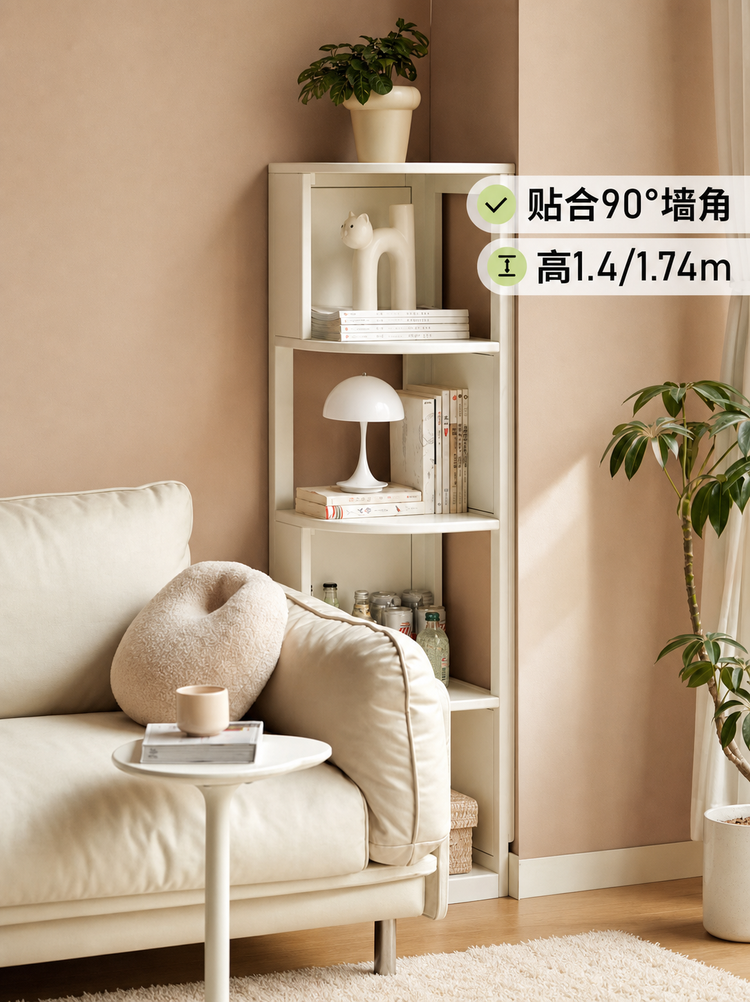 实木转角书架置物架落地白色收纳架奶油风墙角多层书柜
