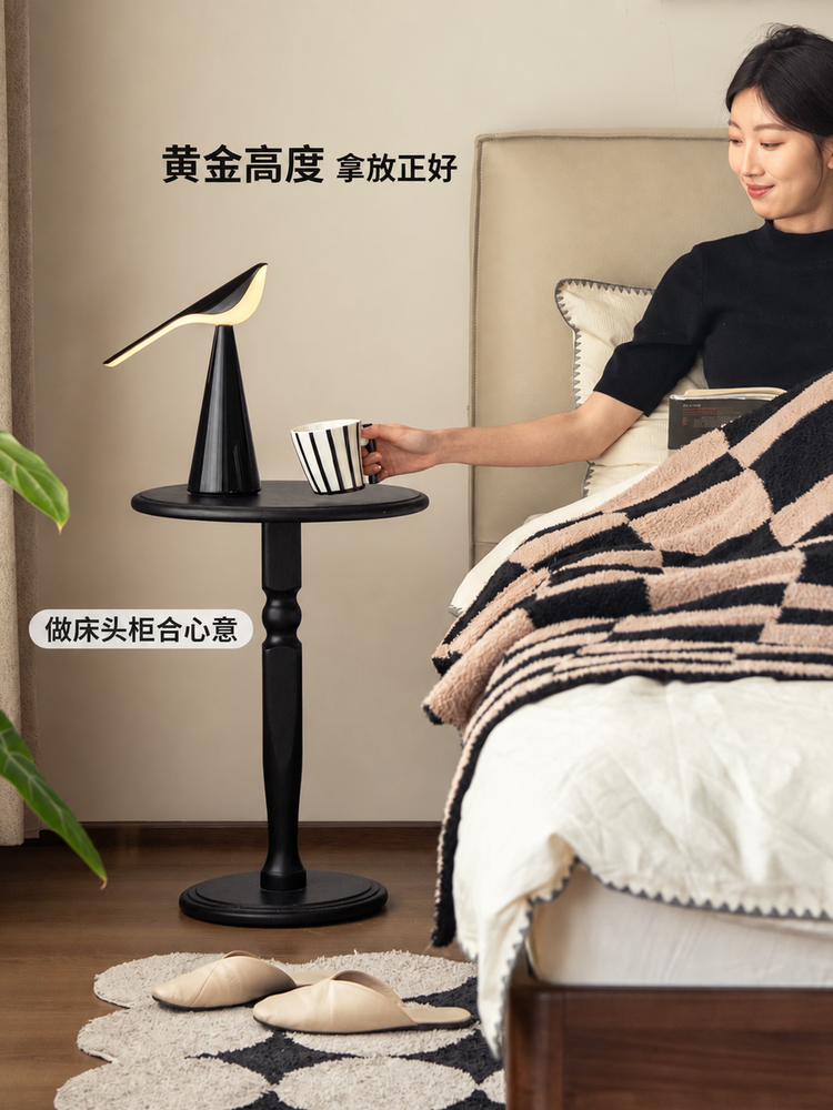 实木床头柜现代简约小花架卧室黑色边几小户型圆几