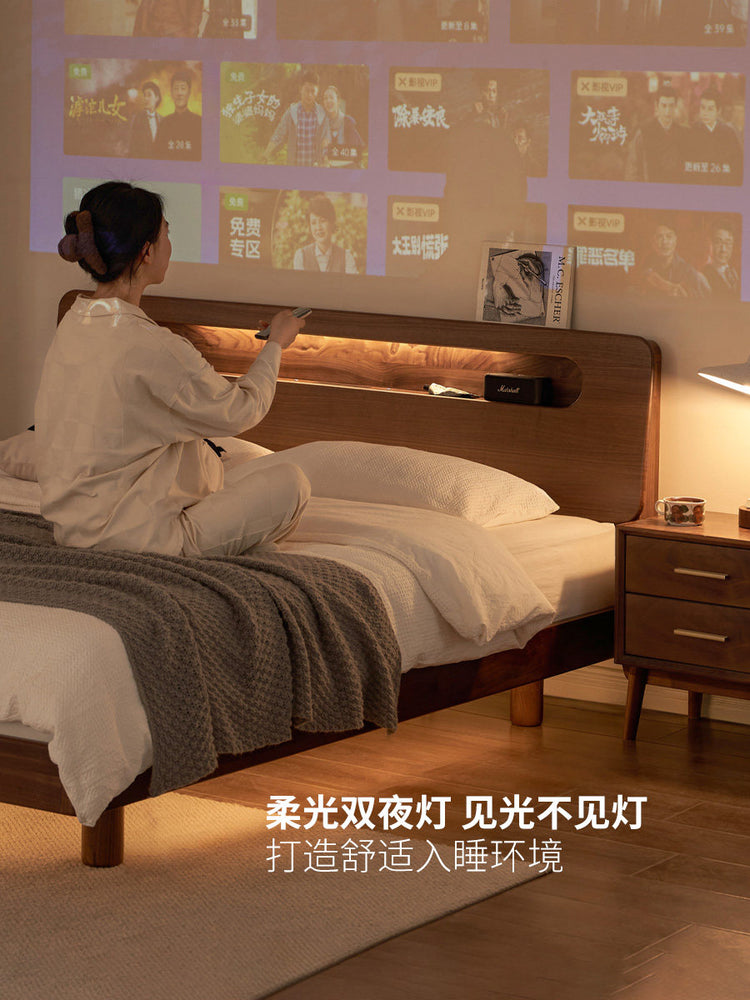 实木床黑胡桃木双人床卧室悬浮床置物多功能床夜光床