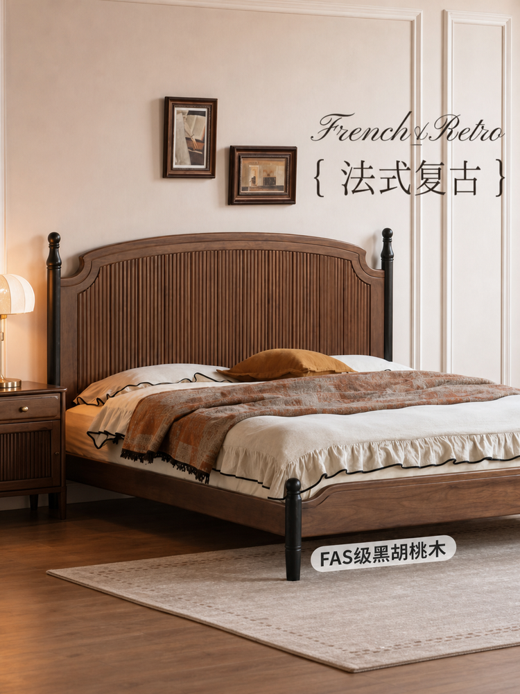 实木床法式复古双人床卧室黑胡桃木大板床1米8大床