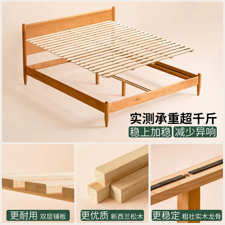 实木床现代简约樱桃木双人床日式卧室床1.5米床复古家具