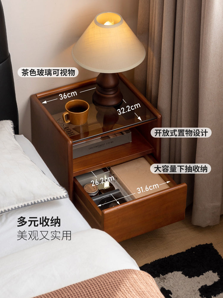 实木床头柜小户型玻璃床边柜柚木色卧室小柜子储物柜