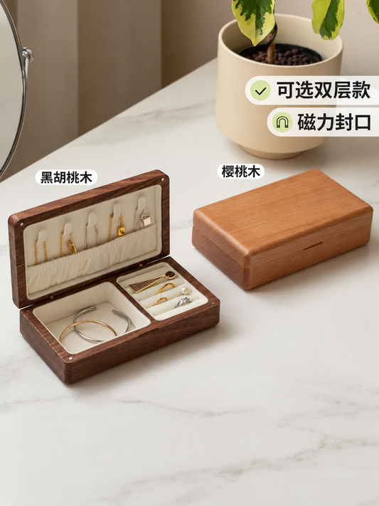 实木首饰盒黑胡桃木桌面收纳珠宝盒简约外出便携饰品盒