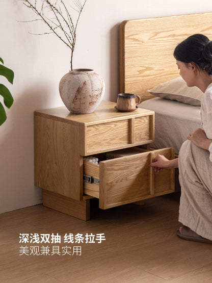 实木床头卧室柜现代简约两抽储物柜白橡木床边收纳柜