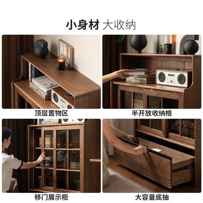 实木书柜黑胡桃木储物柜书房带灯展示柜小户型收纳柜
