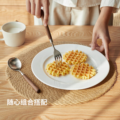 食品级不锈钢餐具儿童用餐勺高颜值简约黑胡桃木餐叉